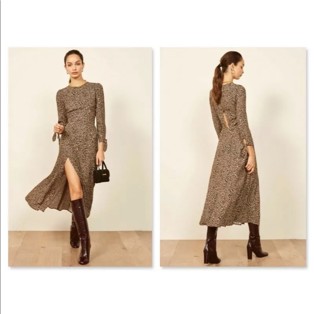 Reformation Brown Printed Long Sleeve Midi Dress